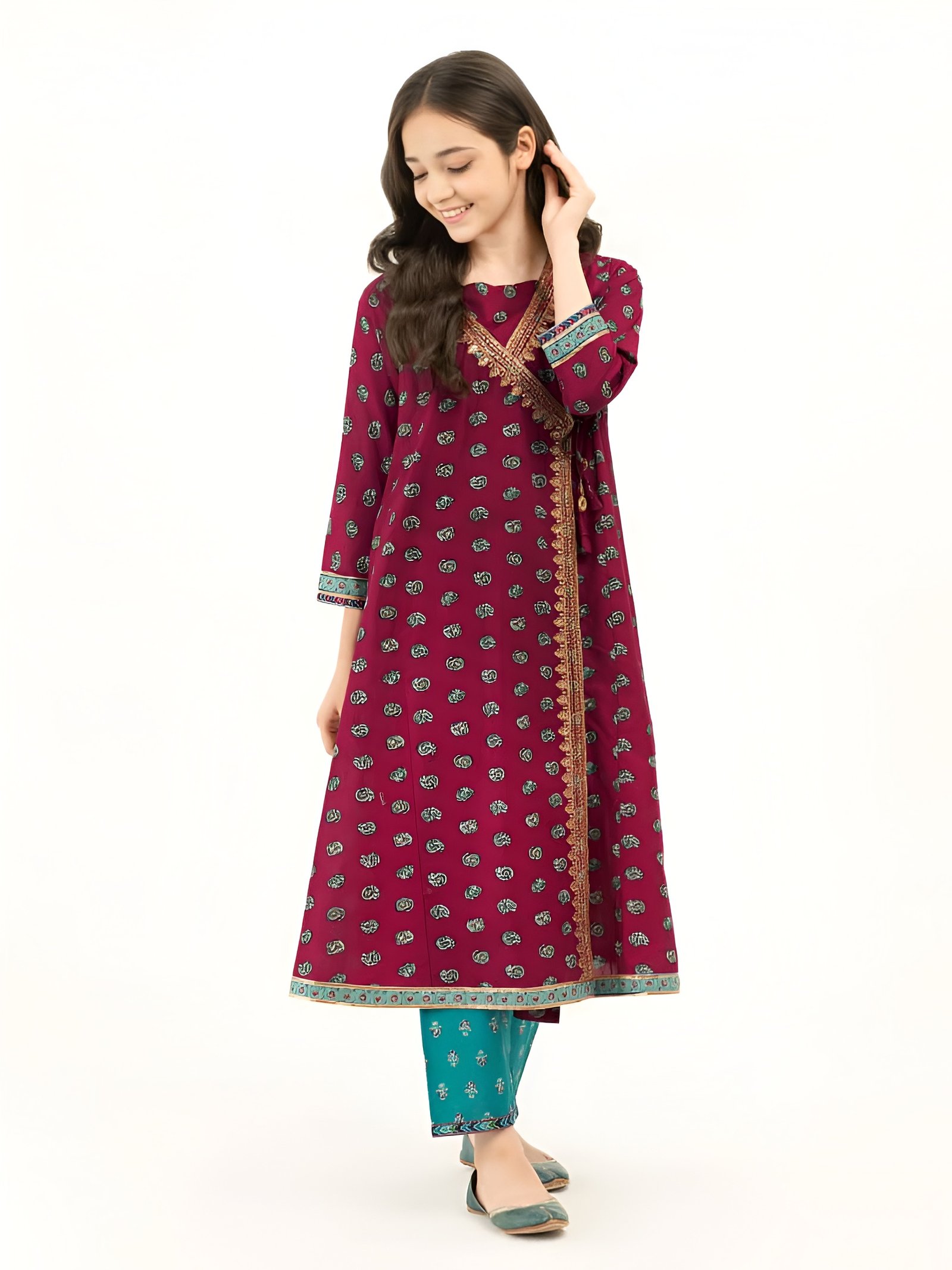 Elegant Maroon Printed Kurta with Teal Trousers