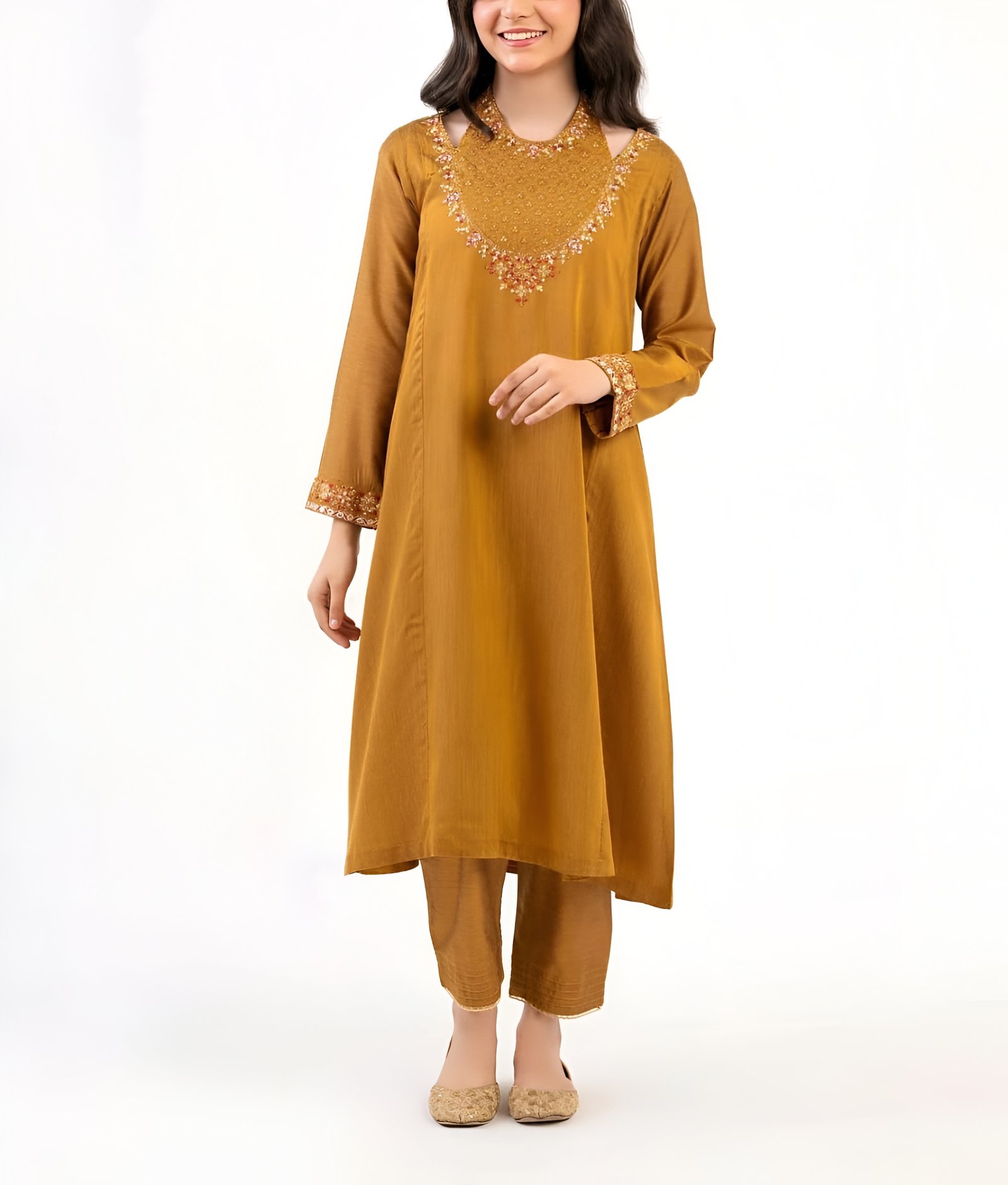 Mustard Embroidered A-Line Kurta Set