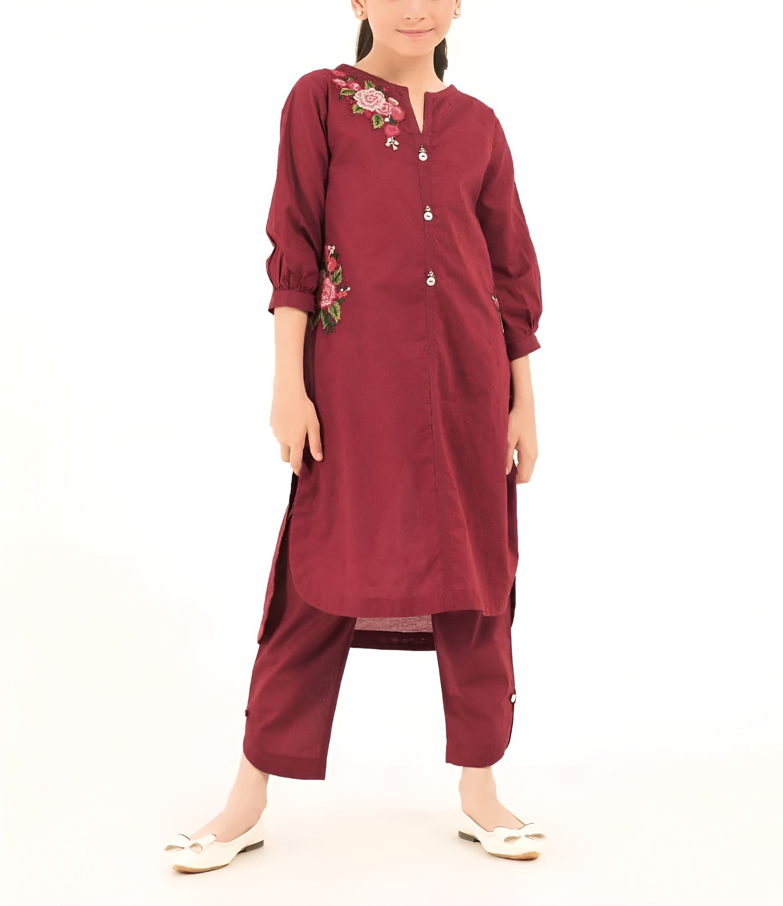 Maroon Embroidered Kurti with Straight Pants
